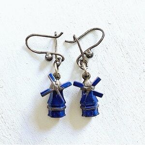 Vintage Scandinavian Silver Tone Blue Enamel Windmills Pierced Earrings